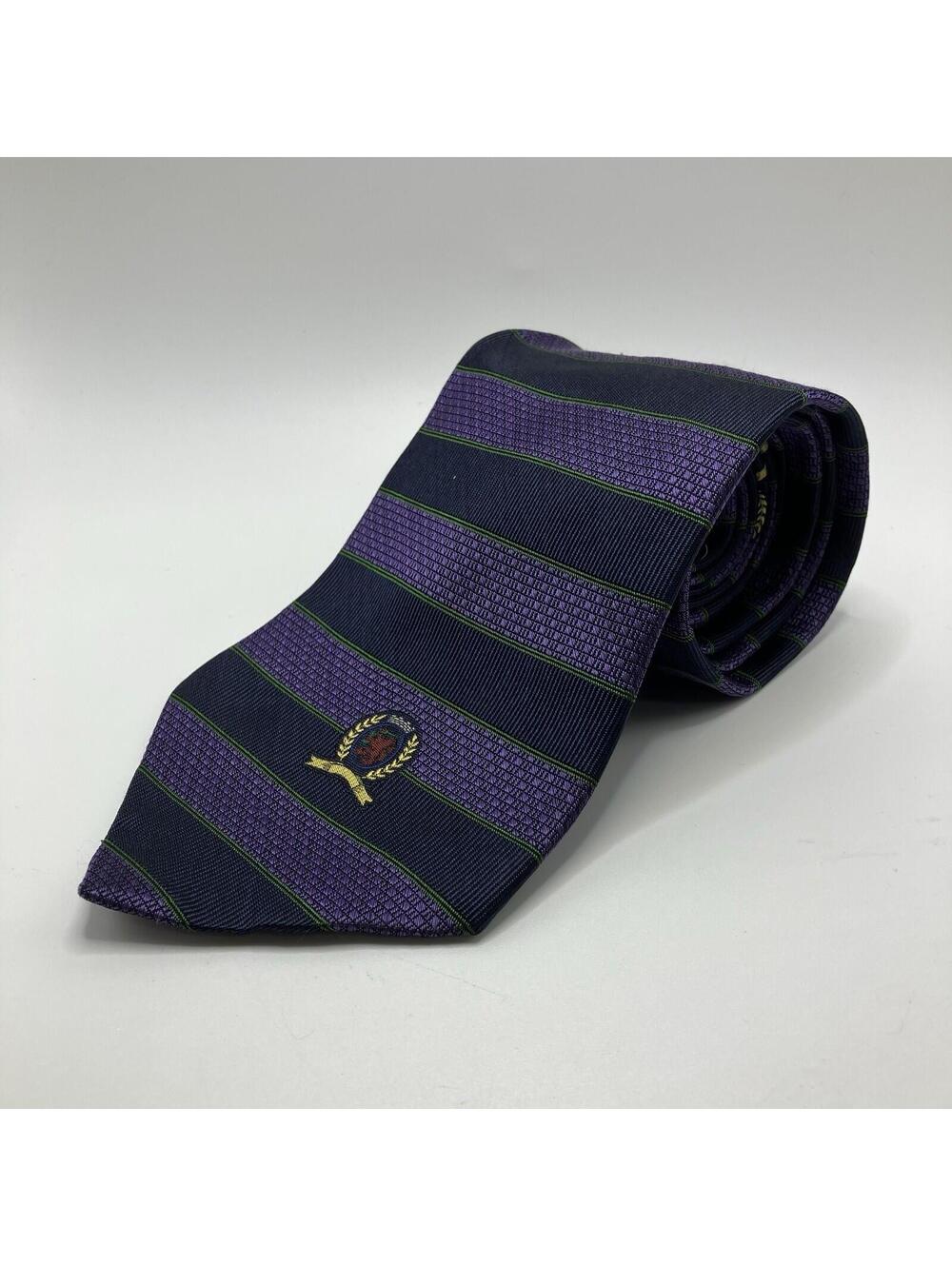 Tommy Hilfiger Tie 100% Silk Purple Striped Crest Logo Made in USA Vtg Vintage
